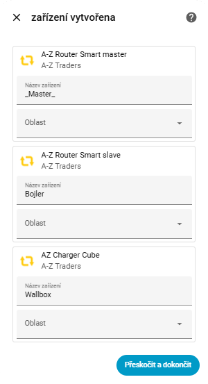 Seznam nalezených zařízení A-Z Routeru a přiřazení oblastí